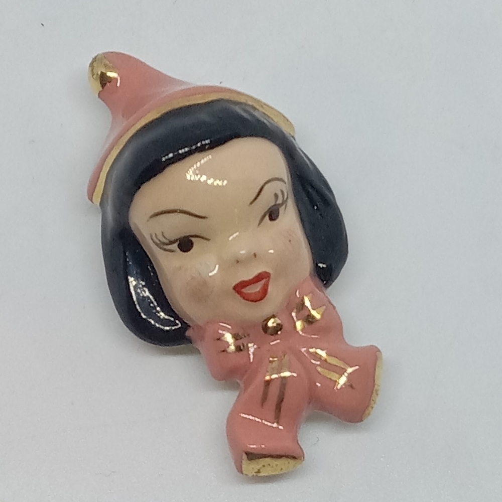 * vintage MCM ceramic pink & gold Elf Pixie Girl pin brooch